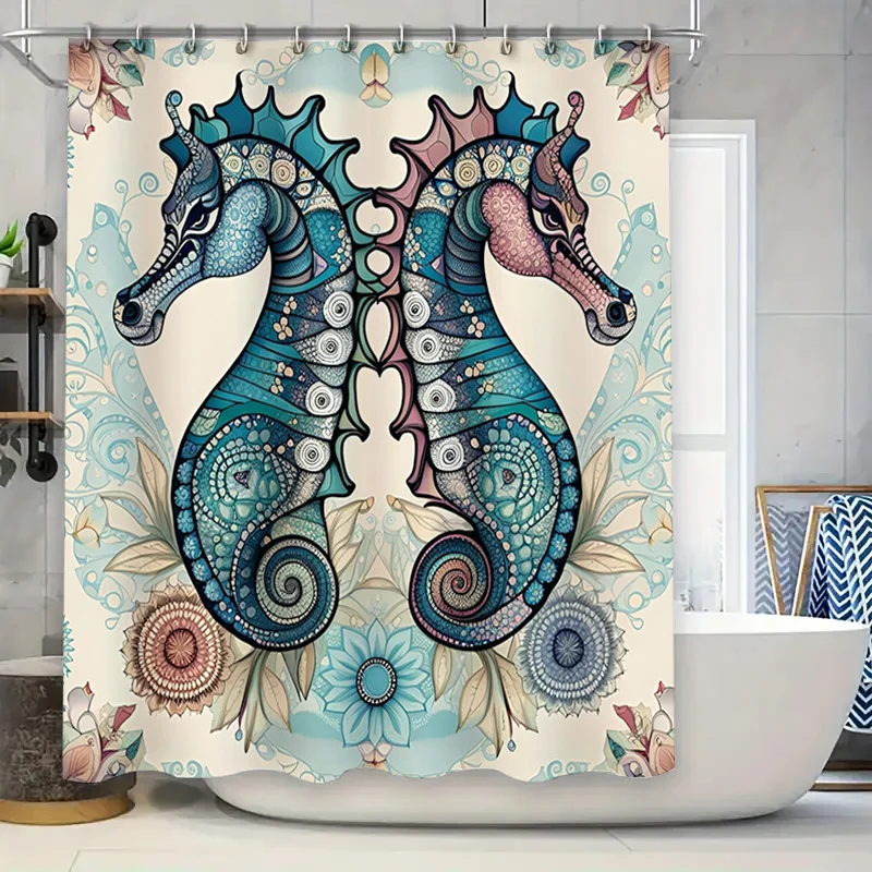 

Очаровательная синяя занавеска для душа с морским коньком и цветочным узором, декоративный коврик для ванной, подкладка для аксессуаров для ванной комнаты, украшение для дома, размер Cus
