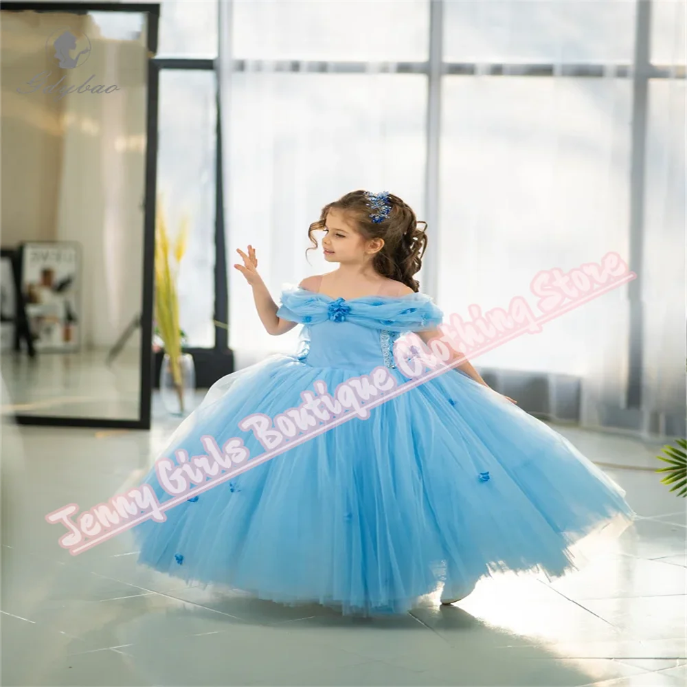 أنيقة شفافة الكتف الأشرطة الأبيض جديد 2025 الزهور فتاة فساتين الطابق طول حفل زفاف للأطفال فستان حفلات