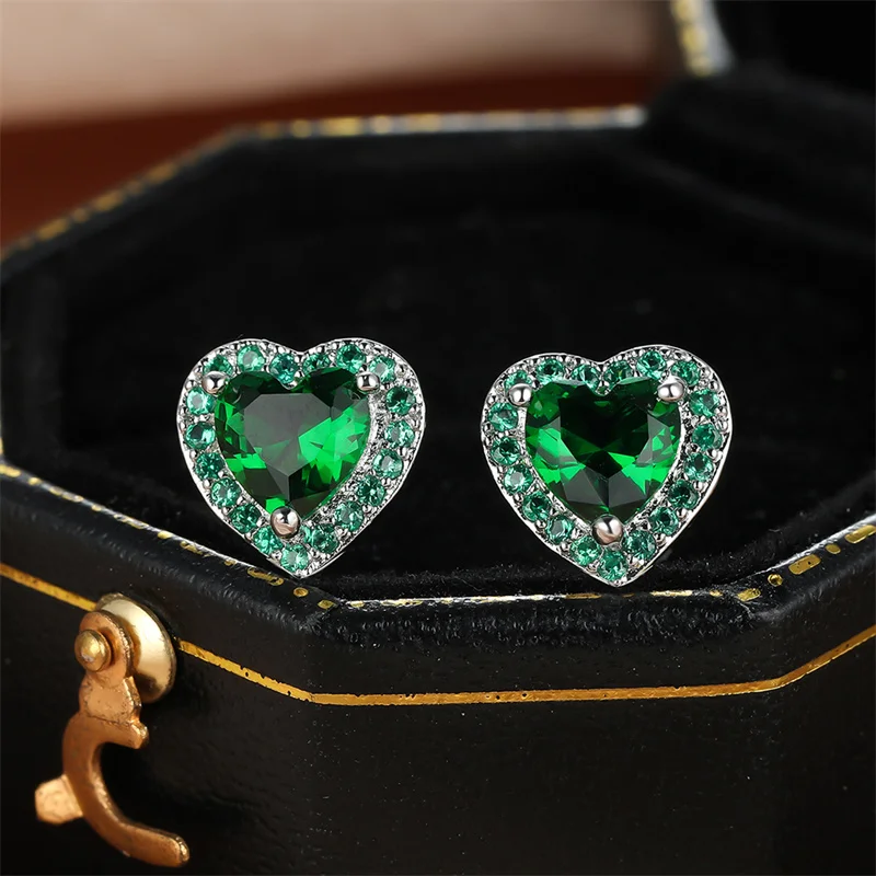 Luxury Female Black/Green/Red/White Stud Earring Fashion Silver Color Small Heart Earrings For Women Vintage Wedding Jewelry