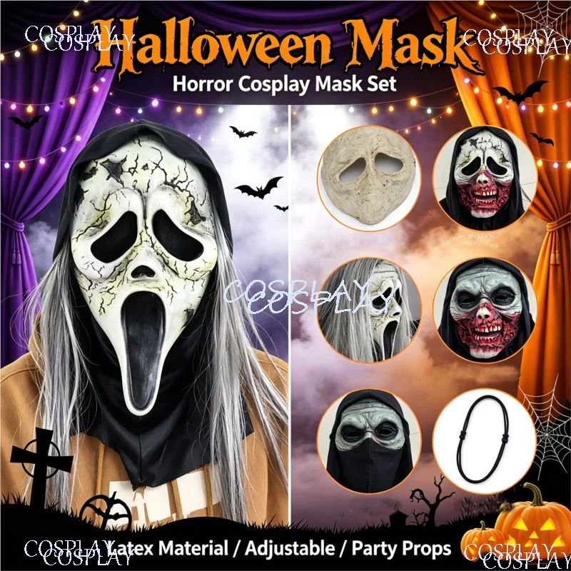 Halloween Scream Mask Ghost Face Hood Skull Horror Ghost Mask for Scary Party Cosplay