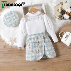 Kids Girls Clothing Set Mesh Splice Puffed Sleeves Top+Irregular Short Skirt+Hat 3Pcs Suit Children Baby Girl Clothes 2-8Y