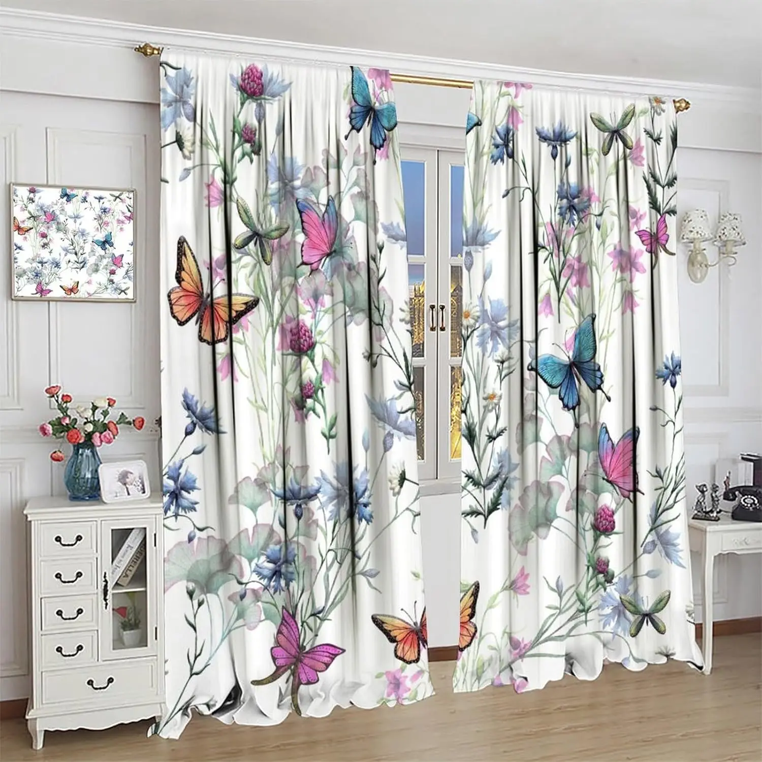 Flower Butterfly Curtain Purple Floral Watercolor Butterflies Fantasy Lilac Spring Nature Garden Plant Window Treatments for