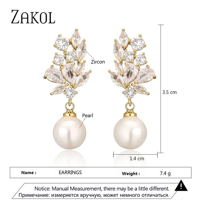ZAKOL Fashion Round Imitation Pearl Pendant Earring for Women Shiny Crystal Zircon Flower Earrings Wedding Party Jewelry