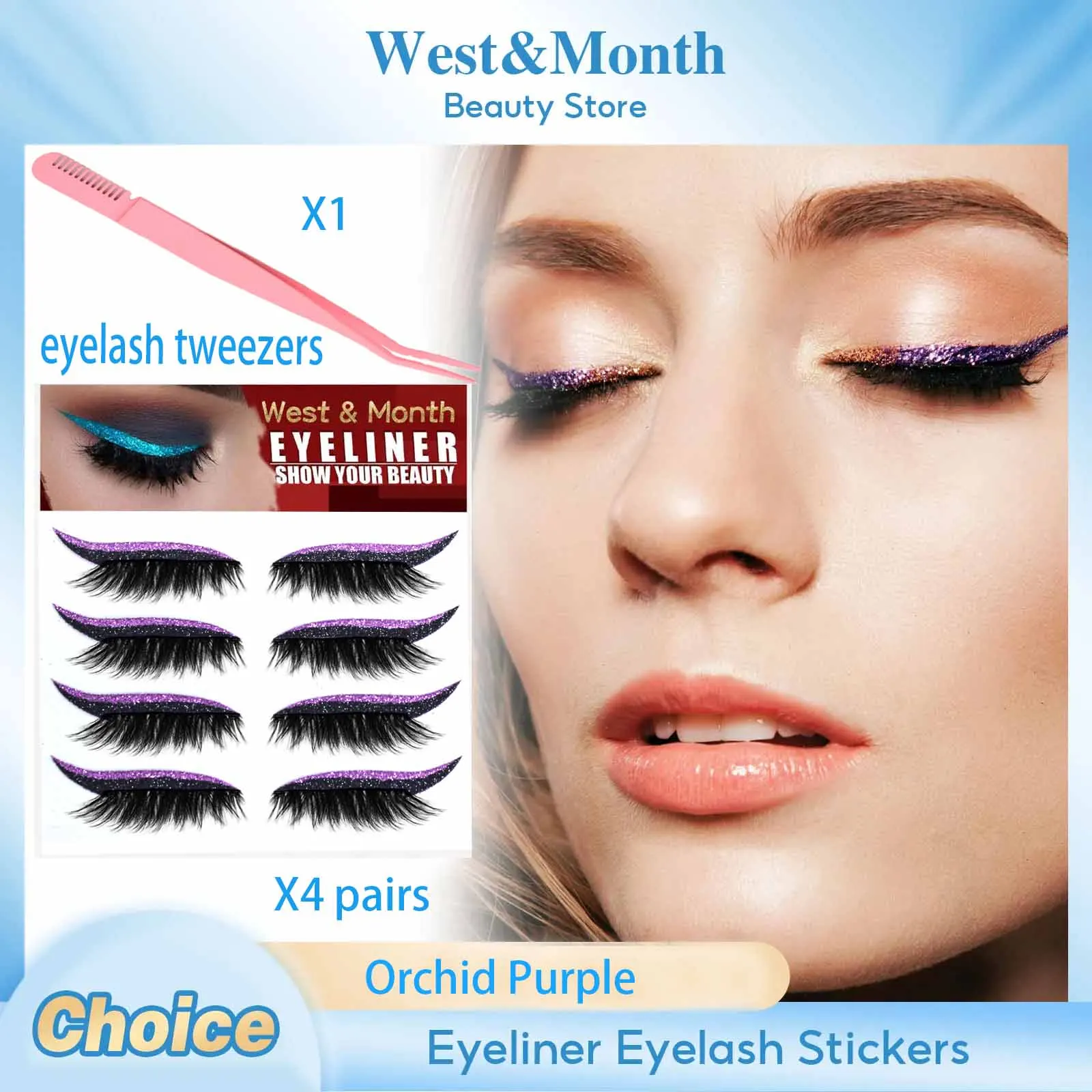 この接着剤不要のアイライナーとつけまつげステッカーセットには、蘭色、ゴールド、黒のグリッターつけまつげが4組含まれています。