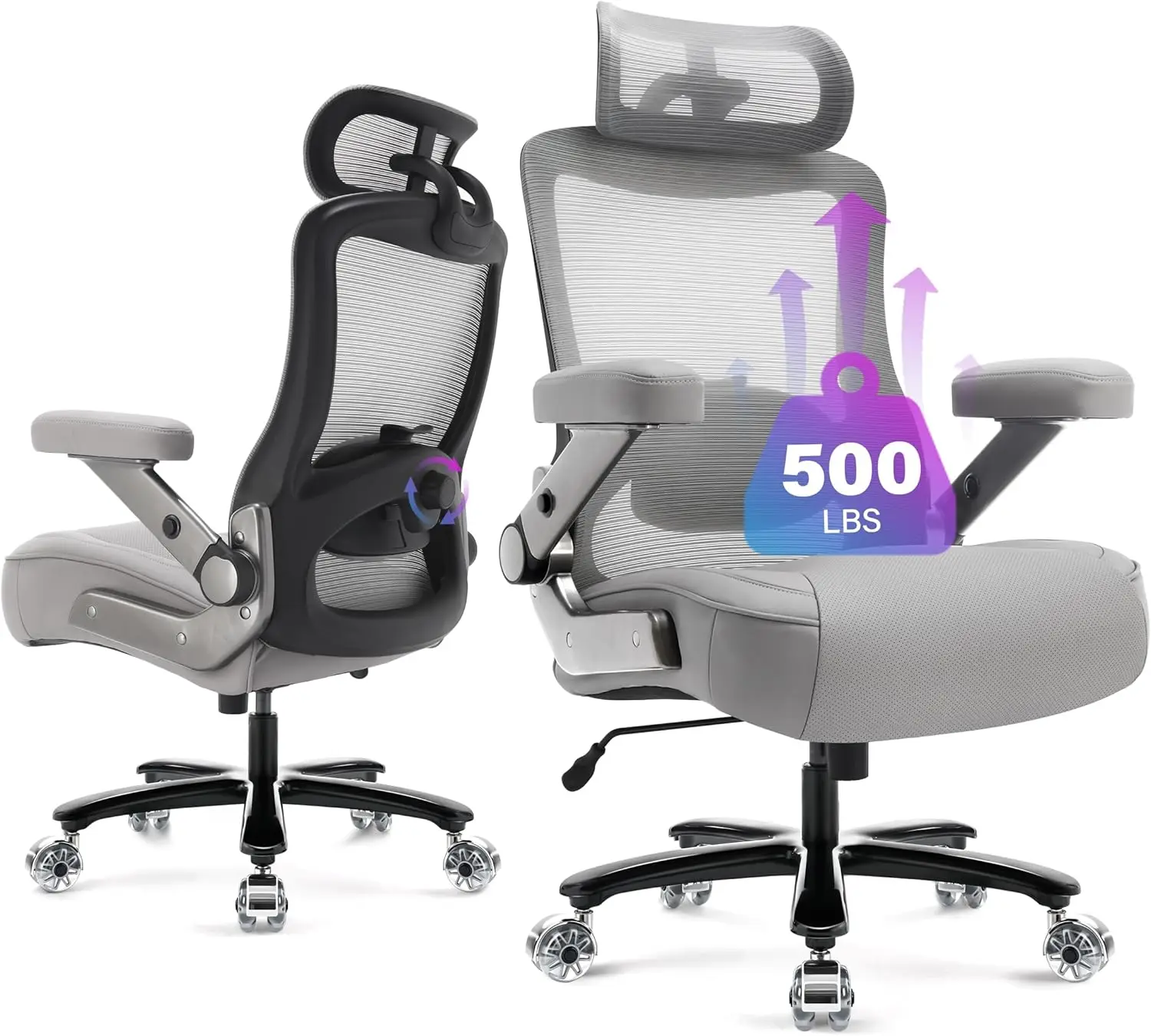 Heavy Duty cadeira do escritório executivo, cadeira de computador com 3D Flip Arms, rodas grandes, malha ergonômica, costas altas, 500lbs, grande e alto