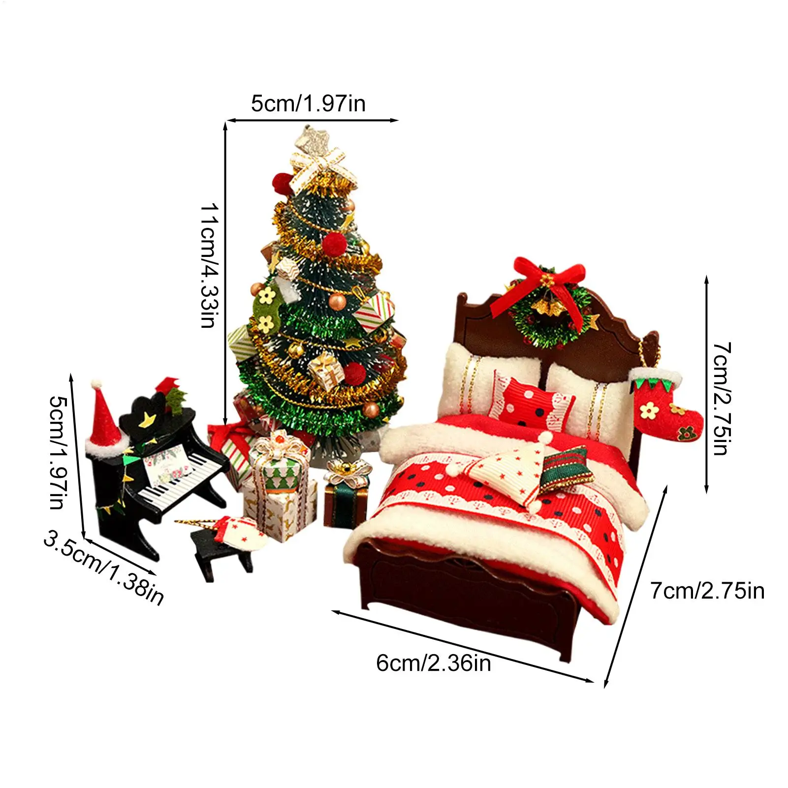 DIY Dollhouse Christmas Decorations Miniature Tree Bed Piano Model Set for Holiday Home Party Celebration Kids Adults Collectors