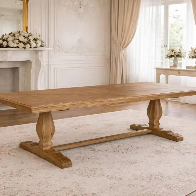 T159-300P French Country Style Luxury Antique Solid Oak Wood Parquet Top Wooden Pedestal Long Dining Table Set for Event Wedding