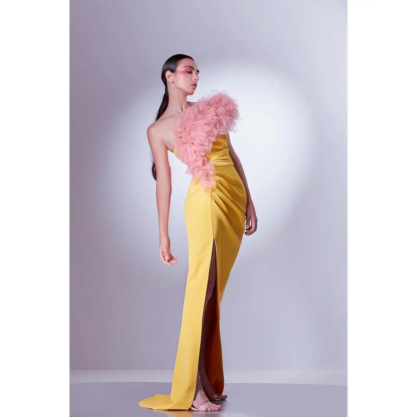 Customized Sexy Jersey Mermaid One Shoulder Tiered Ruffles Evening Dress Delicate Short Sleeves Floor Length Celebrity Gowns