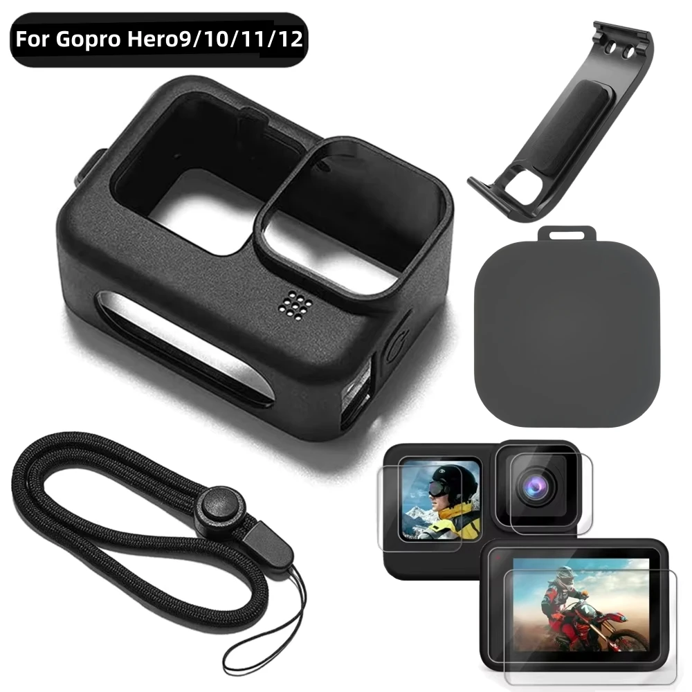 Silikonhülle für GoPro Hero 12 11 10, Schwarz, gehärtetes Glas, Displayschutzfolie, Schutzfolie, Objektivdeckel, Abdeckung für GoPro 9 Zubehör