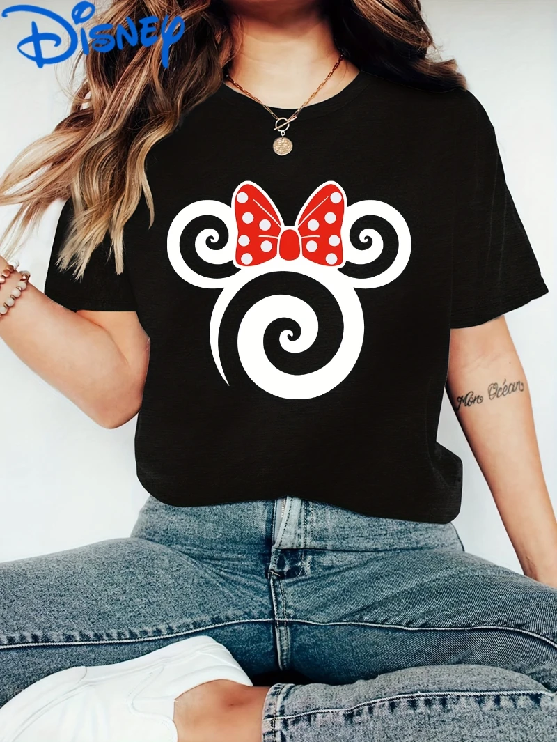 

Disney Minnie Red Polka Dot Bow and Whirlpool Printed Short Sleeve T-shirt - Classic Cartoon Pattern T-shirt Summer Casual
