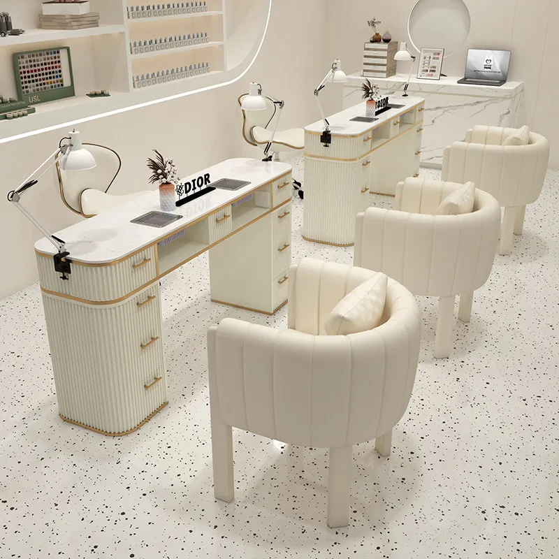 European Style Cream Marble Nail Table Integrated Nail Salon Furniture Table for Nails Salon Nail Tech Desk Table Manicure Desk