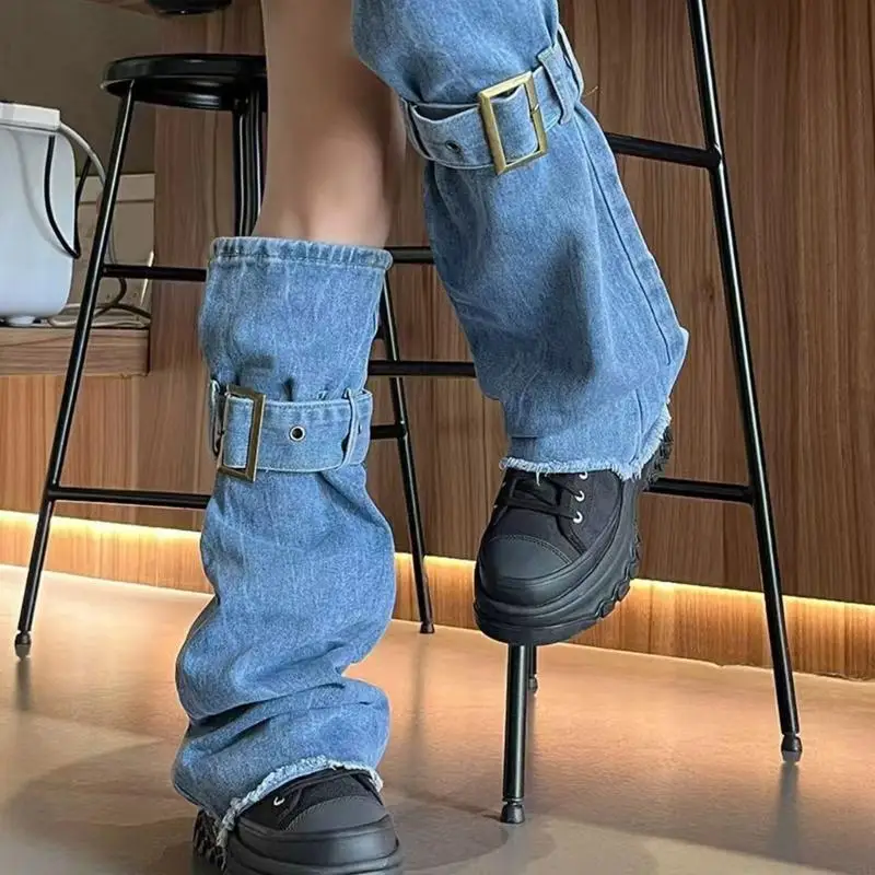 N7YE Women Washed Denims Flared Leg Warmer Buckled Strap Grunge Baggy Jeans Leg Cover