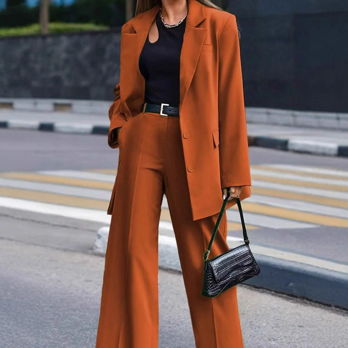 

Fashionable Button Long-sleeved Jacket + Wide-leg Pants Two-piece Sets Women's Autumn Casual Loose Tops Trousers Suit For Women