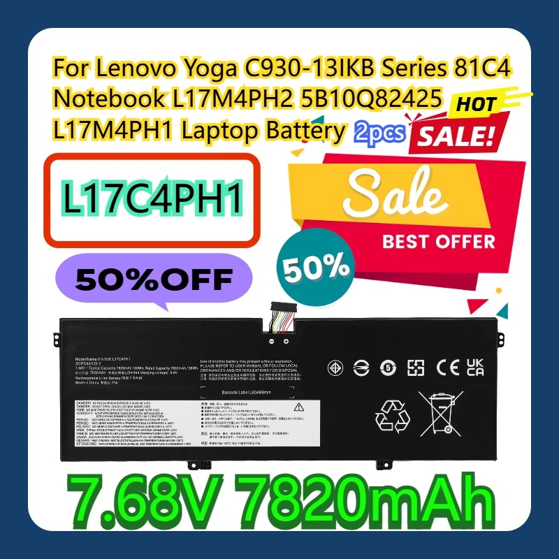 

For Lenovo Yoga C930-13IKB Series 81C4 Notebook L17M4PH2 5B10Q82425 7.68V 7820mAh L17C4PH1 L17M4PH1 Laptop Battery 2pcs