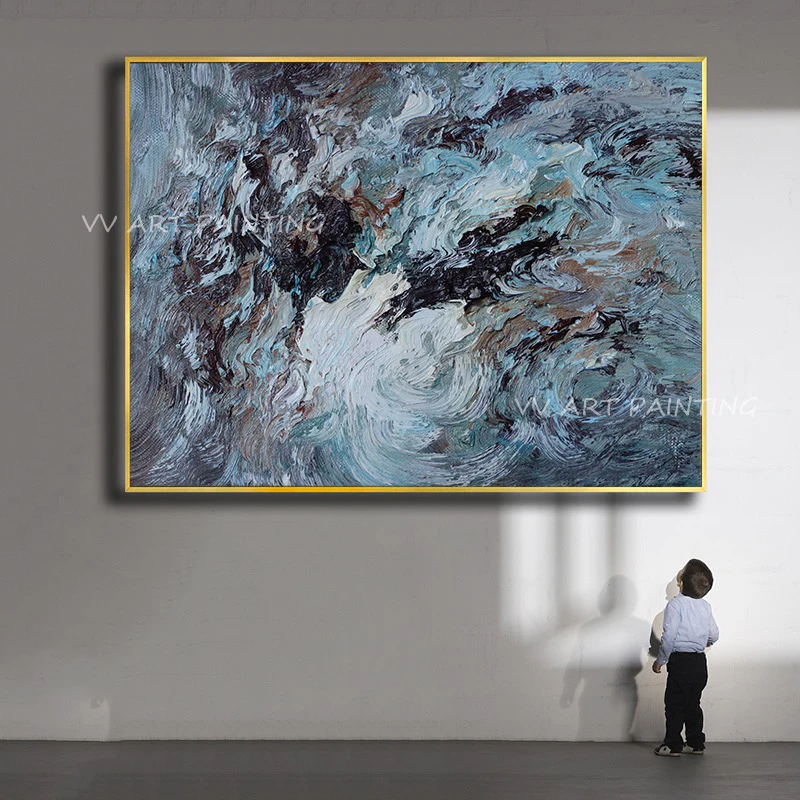 100% Handmade Abstract thick heavy blue ocean wave knife picture artwork Oil Paintings For Living Room Office Hotel Decoration