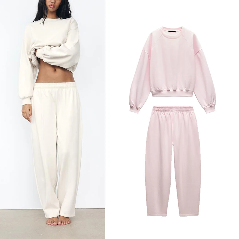Women's Loose Comfortable Fleece Sweatshirt And Straight Leg Pants Autumn New Arrival Casual Sportswear Set ZADATA Brand