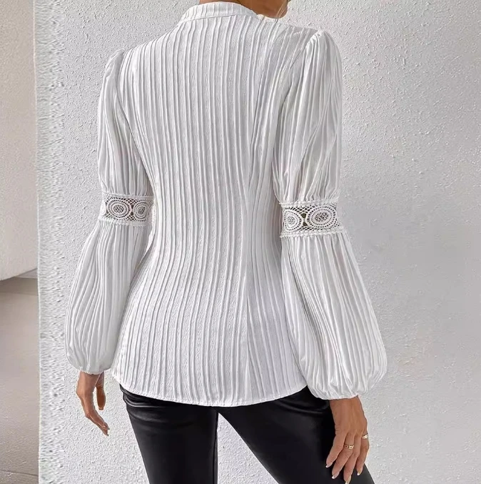 Women's Spring/summer Lace Patchwork Texture Fabric Long Sleeved Button Hollow Printed Lantern Sleeves with Waistband Shirt