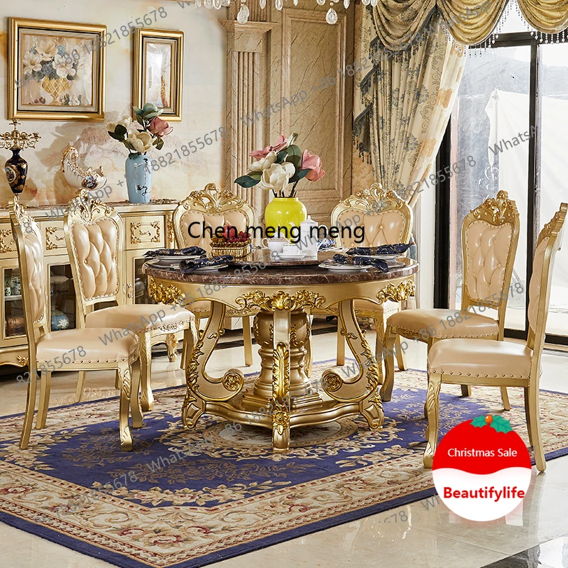 European dining table all solid wood rotating round table champagne gold American marble dining table and chairs combination