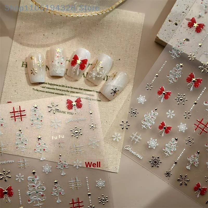 [MP]1 Pcs Christmas Style Cute White Snowflake Nail Art Stickers Red Bow Embossed Print Festive Nail Decorations