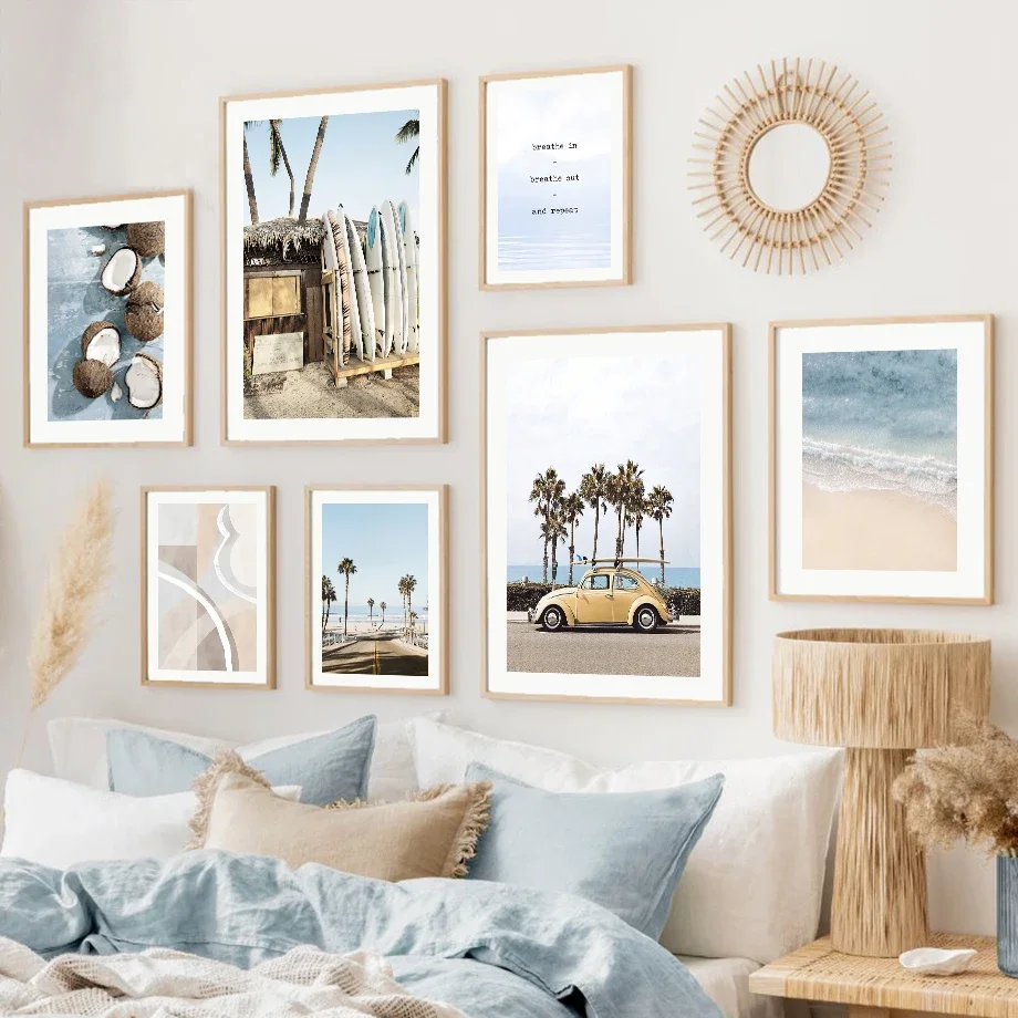 Coconut Tree Blue Beach Surfboard Car Wall Art Mural Canvas Painting Posters And Prints Wall Pictures For Living Room Home Decor
