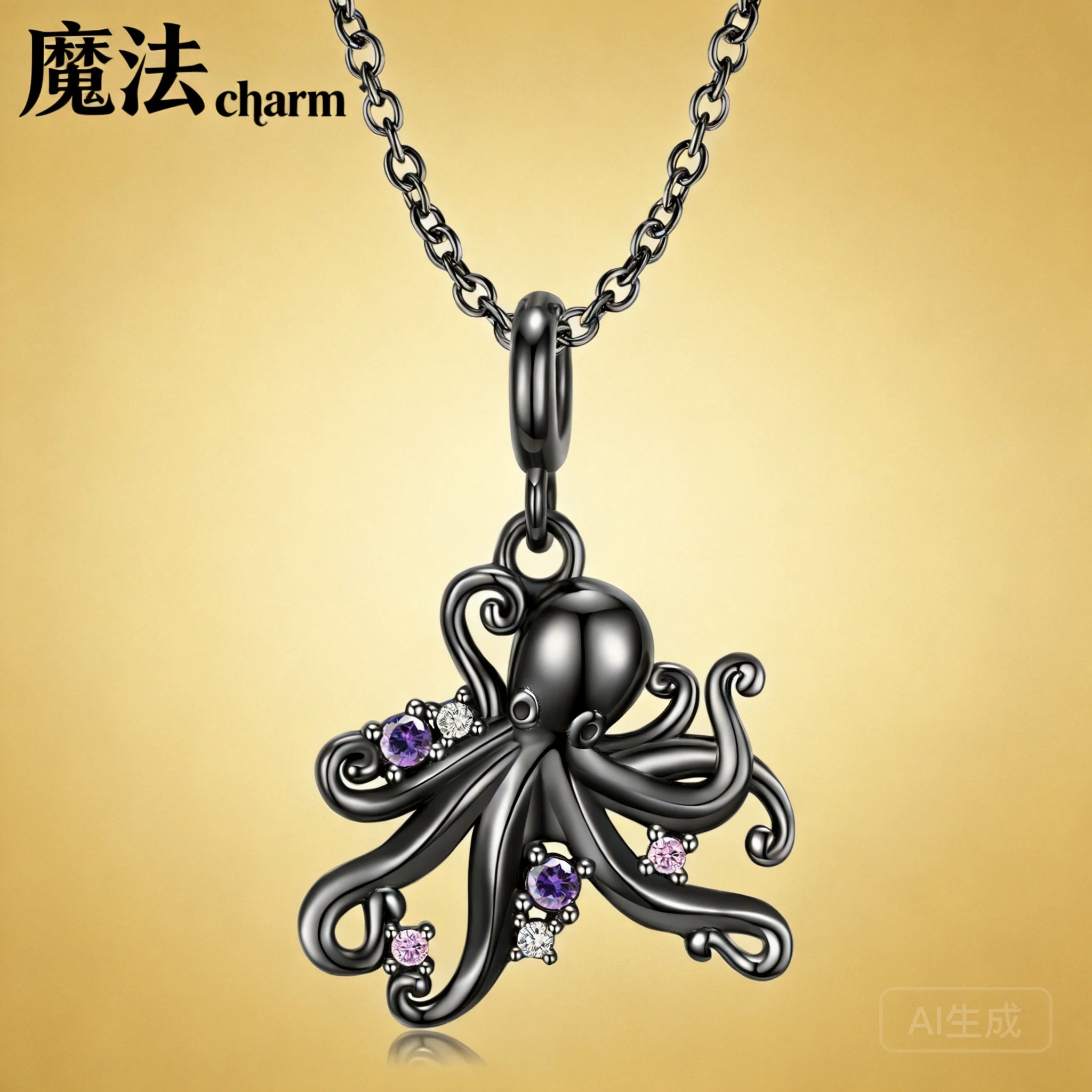 S925 Sterling Silver Black Gold Plated Lucky Octopus Pendant Necklace Inlaid Shiny Cz Dark Gothic Style Blessing Wealth Animal