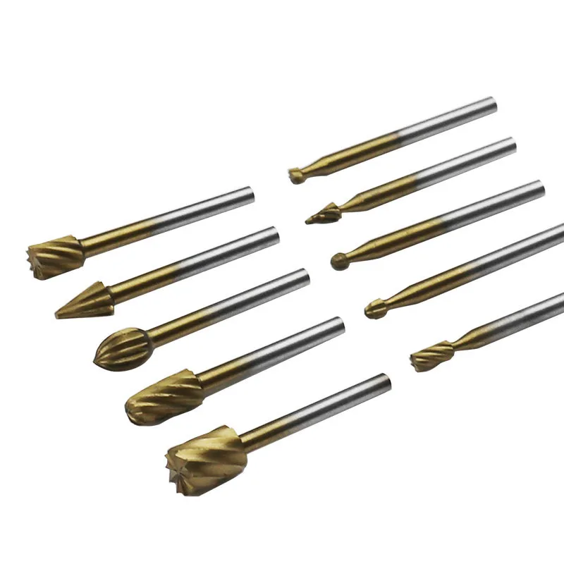 10-Piece set of electric grinding accessories, woodworking high-speed steel rotary file, titanium-plated woodworking milling cut