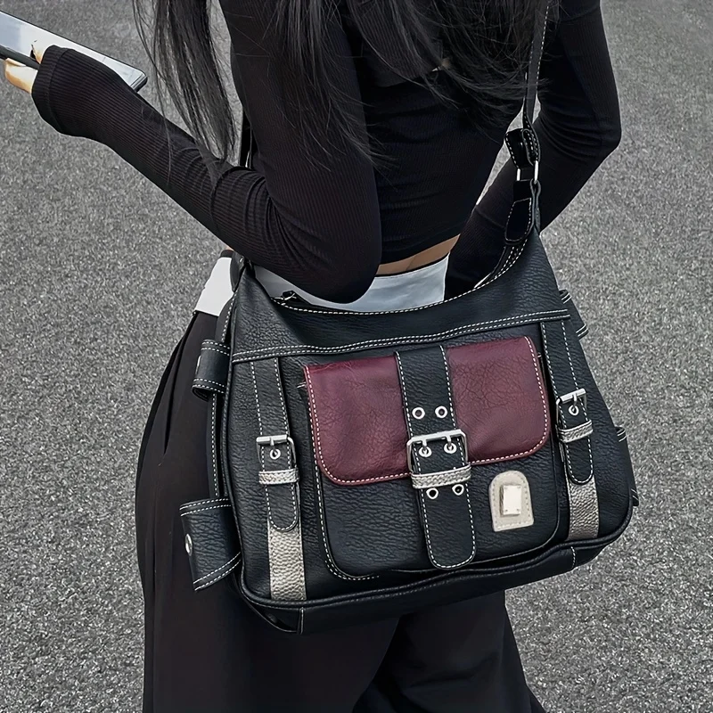 

Vintage Leather Women's Bag, Y2k Spicy Girl Motorcycle Crossbody Bag, Large Capacity Contrasting Single Shoulder Bags