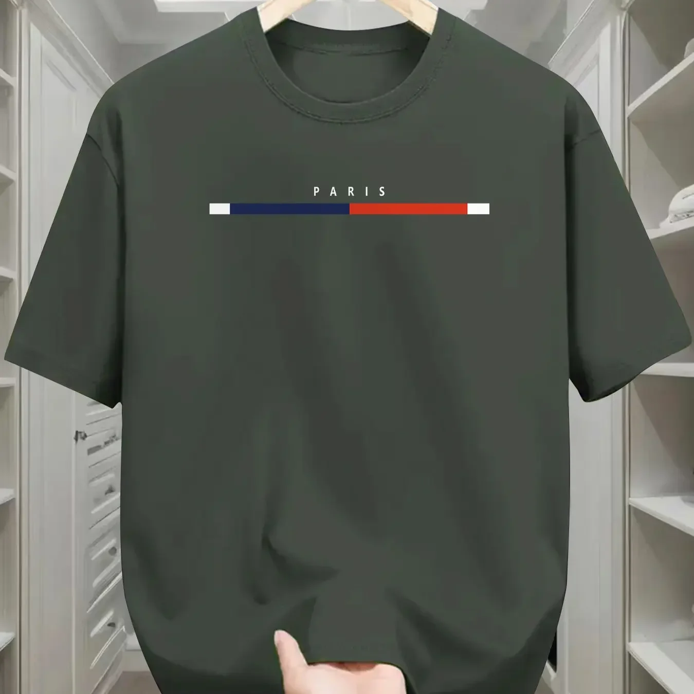 تي شيرت صيفي للرجال بطبعة جرافيك باريس - تي شيرت كاجوال بأكمام قصيرة ورقبة دائرية مع خطوط زرقاء وحمراء