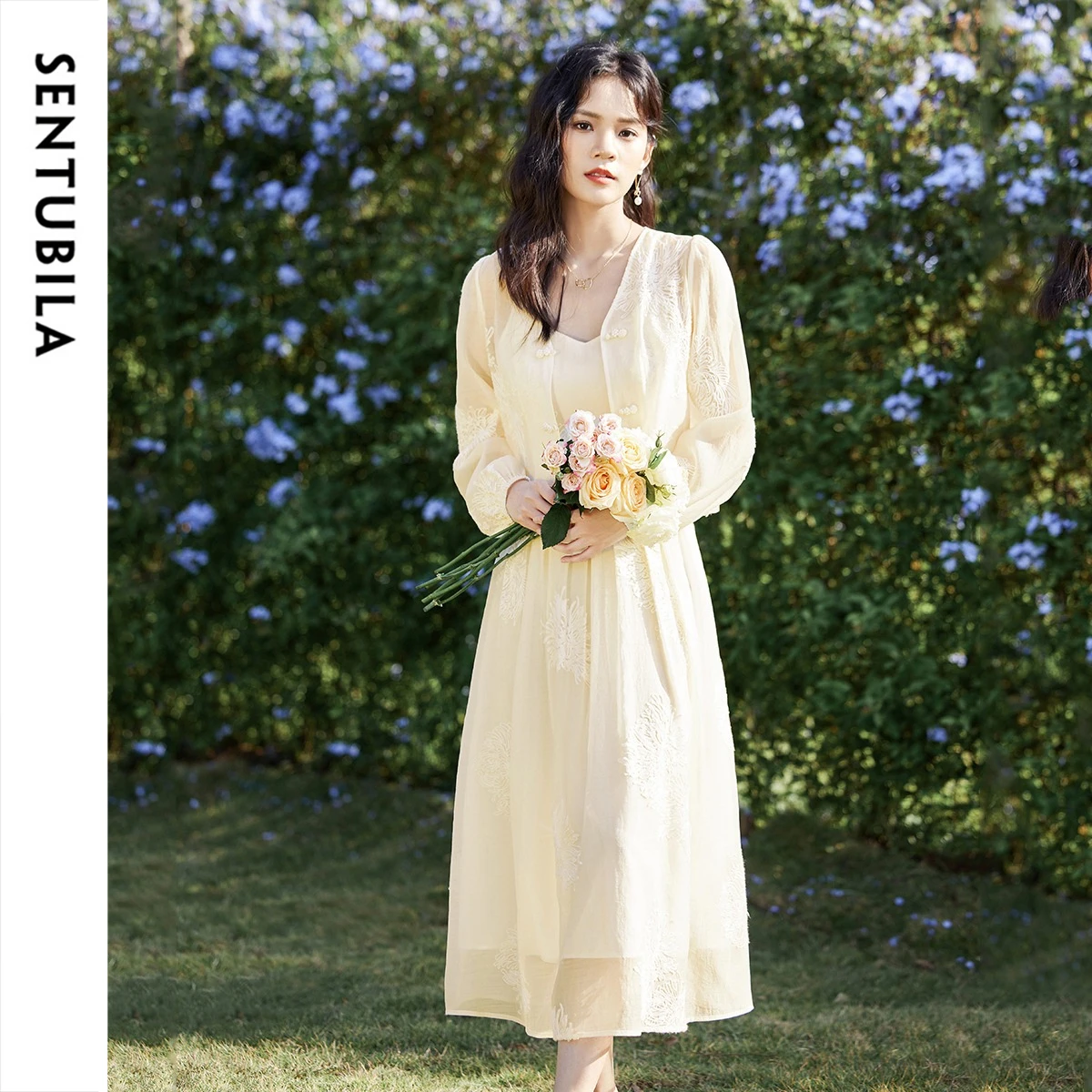 SENTUBILA Women Elegant Outfit Chinese Style Frog‑button Embroidered Daily Commute Top Midi Camisole Dress Two‑piece Set 141Z535