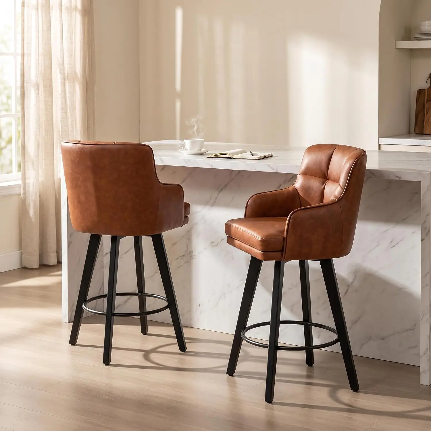 Swivel Bar Stools Set of 2 Upholstered PU Bar Chairs Tufted Modern Kitchen Island Stool with Back & Footrest Counter Height Stools with 360° Rotation for Home Bar, Dining Room