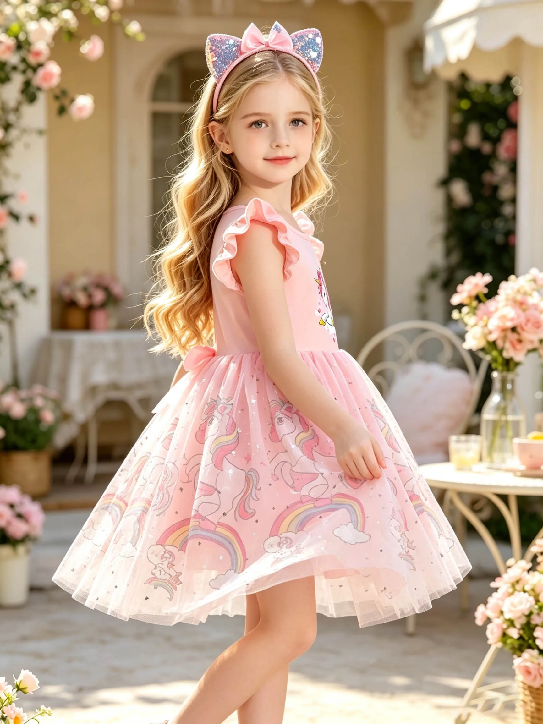 Rosa Herz-Einhorn Mädchen-Sommerkleid, Rüschen-Flatterärmel Funkelndes Tüll-Kurzarm-Tutu-Kleid – Detail 4