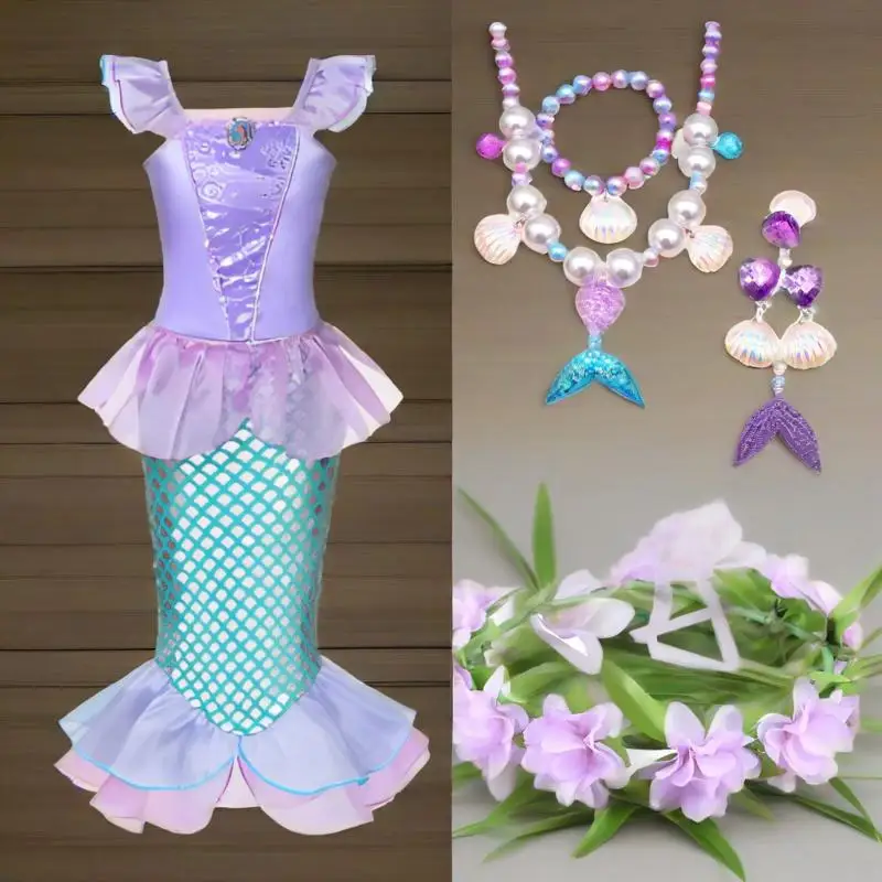 Little Girls Mermaid Tail Costume Purple Satin Ruffle Sleeveless Sequined Dress Child Birthday Halloween Party Princess Outfit