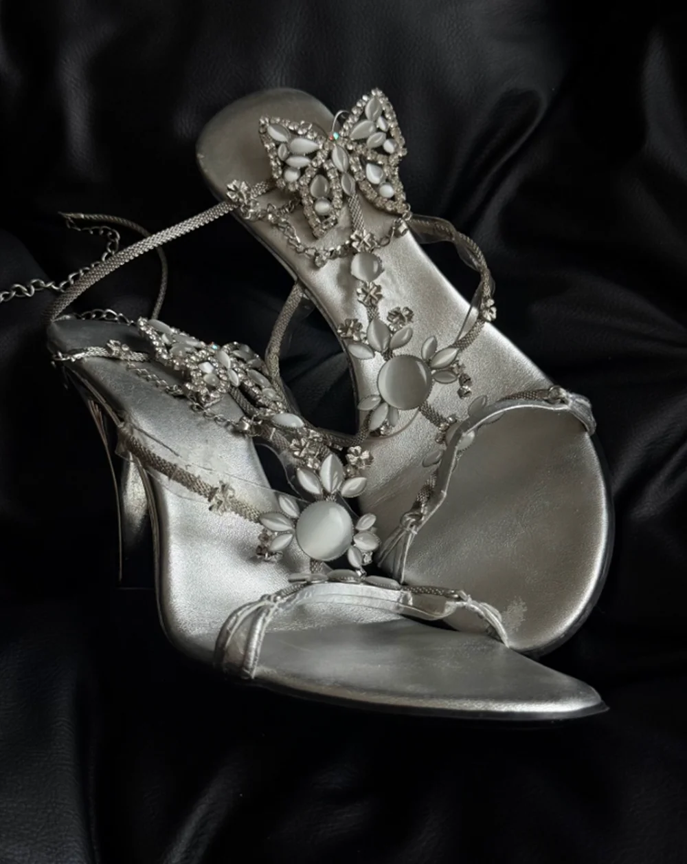 Metallic Silver Open Toe Stiletto Sandals Rhinestone Butterfly Embellishments Thin T-Strap Ankle Buckle Elegant Style Heels - view 3