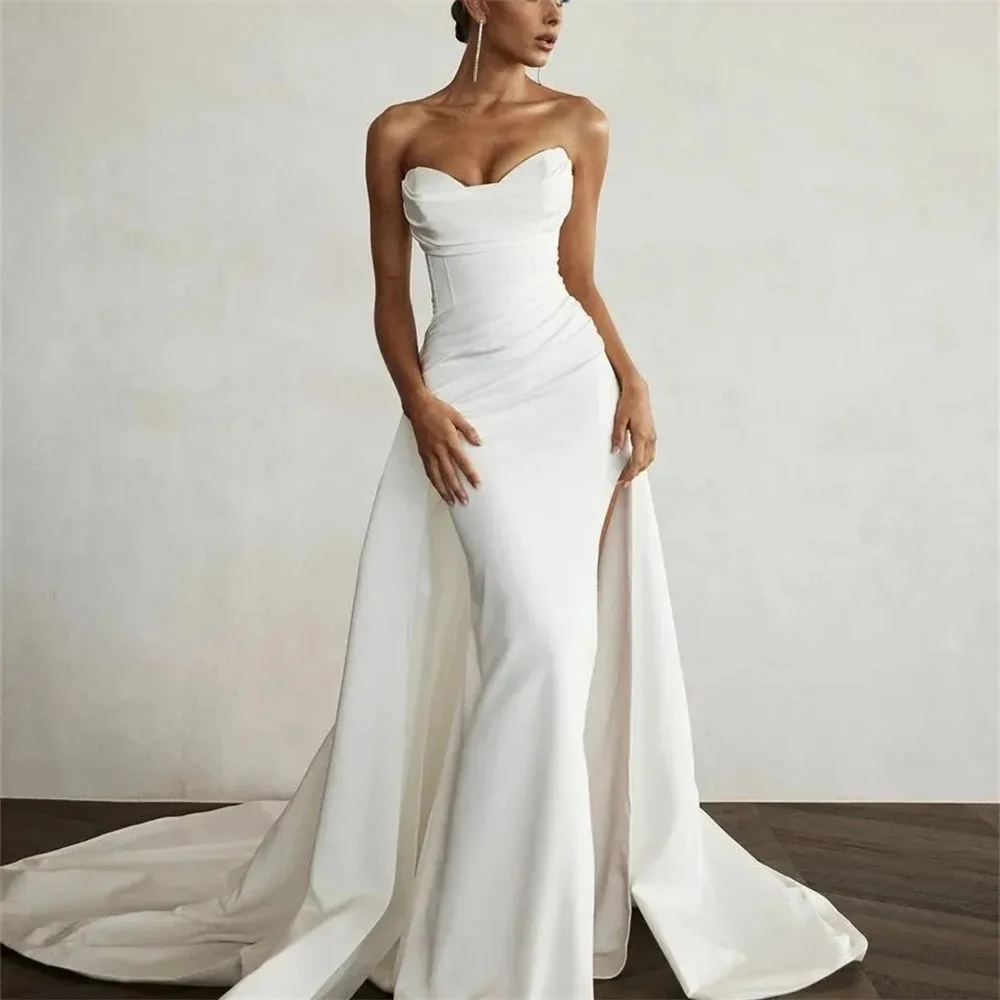 

Chic White Satin Wedding Dresses Mermaid Strapless Cheap Bride Dress 2024 Long Train Church Wedding Gowns Pleats Boda