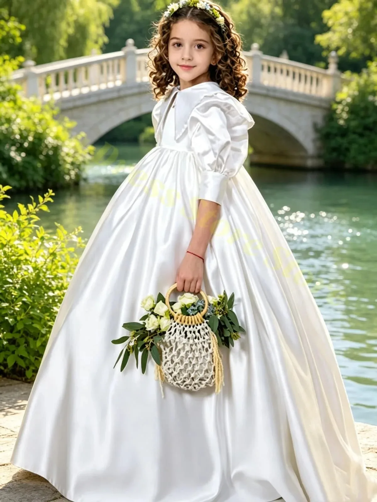 Maßgeschneidertes Großhandels-Blumenmädchenkleid für Hochzeiten, Satin-Schleife, halbe Ärmel, hohe Taille, bodenlang, Kinder-Geburtstags- und Kommunionkleid – Detail 3