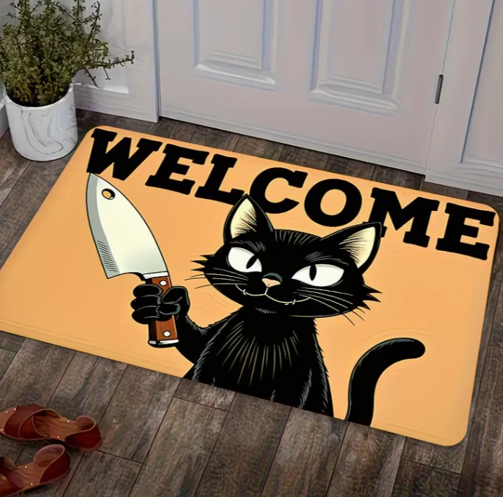 Whimsical Black Cat and Welcome Graphic Doormat Bold Orange and Black Design, Non-Slip Durable Backing IndoorOutdoor Entry Mat