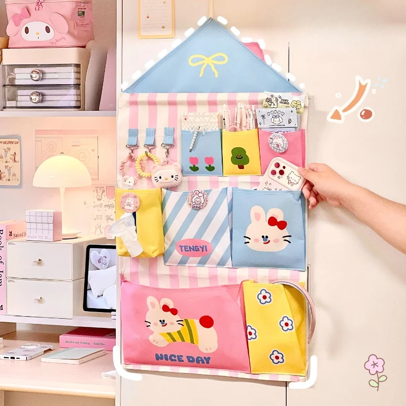Kawaii Hanging Bag Decoration Woman Girls Door Wall Mounted Storage Organizer Bags with Hooks Pockets Multi Layer Hanging Bags