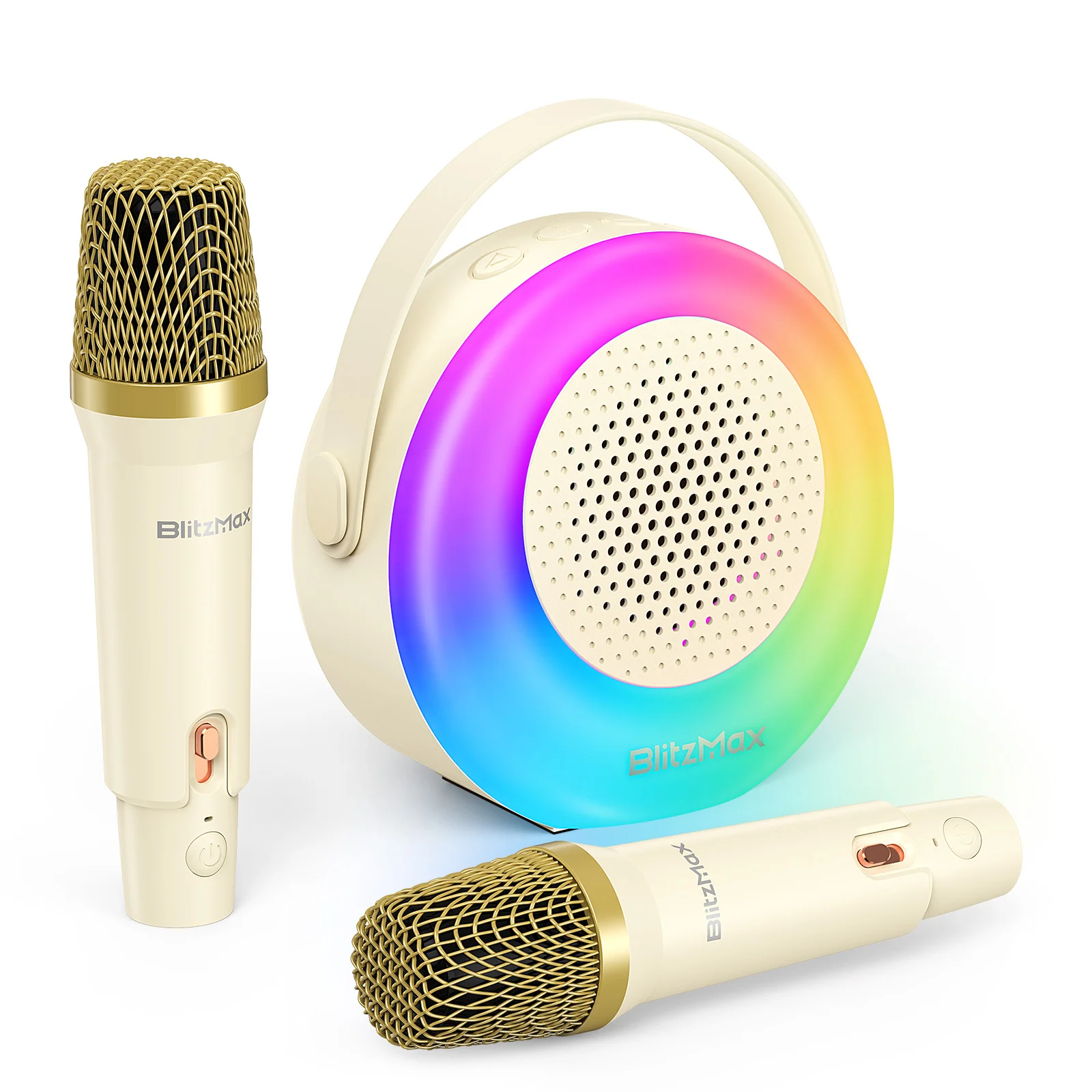 BlitzMax-máquina de Karaoke BM-K10 para niños, Mini Altavoz bluetooth portátil con 2 micrófonos inalámbricos, luz colorida RGB, juguetes de Karaoke