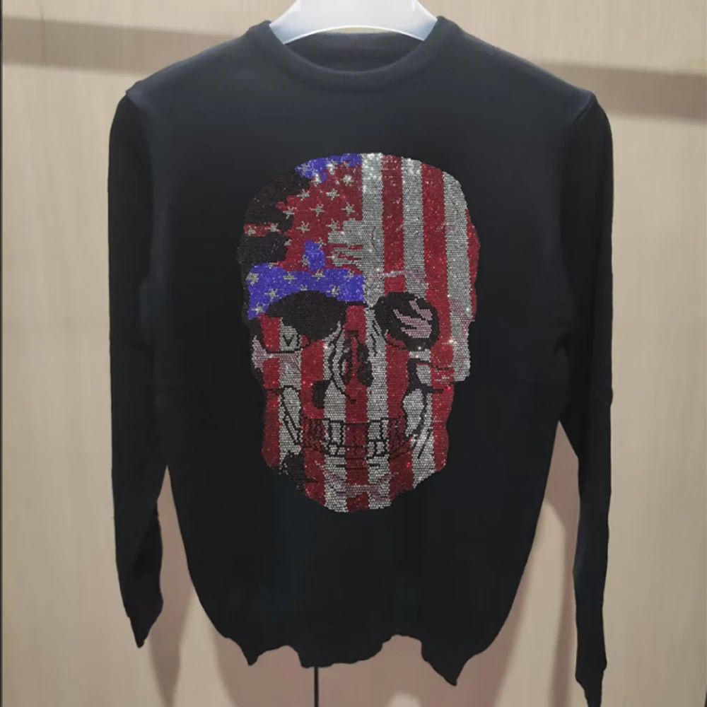 الرجال حجر الراين سترة الجمجمة البلوز الموضة العصرية طاقم الرقبة طويلة الأكمام الفاخرة الشارع الشهير العلامة التجارية ملابس الذكور عادية