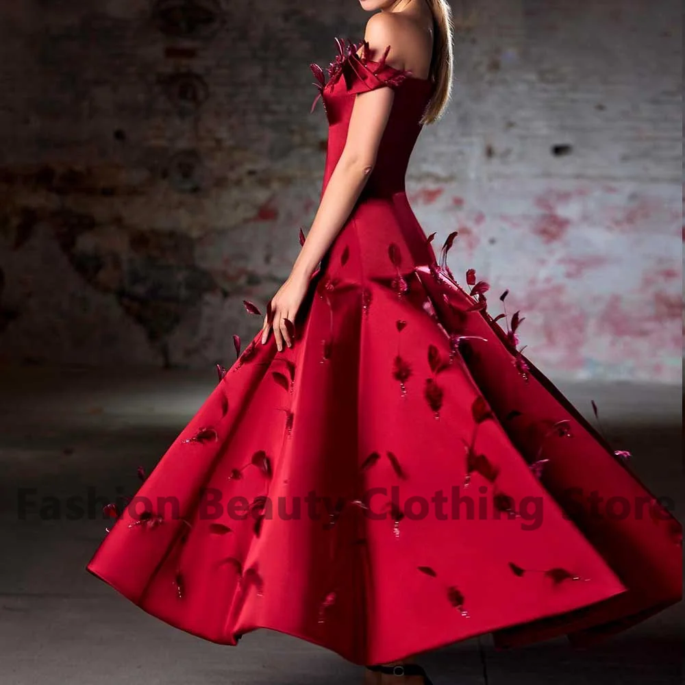 Wine Red Off The Shoulder Satin A-Line Prom Gown With Feather Pleated Backless Sleeveless Bateau Beautiful Evening Dress