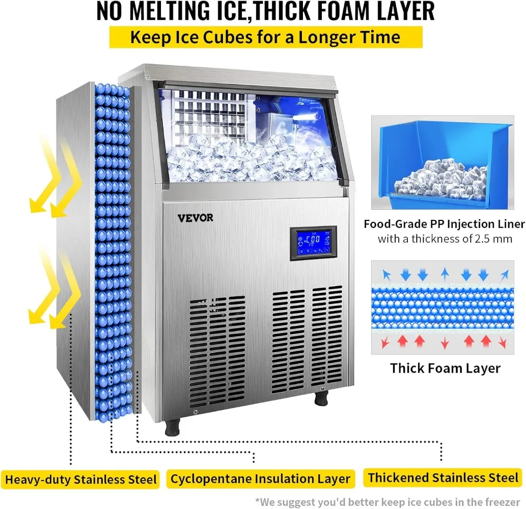 Commercial Ice Maker Machine 120LBS/24H with 33LBS Bin and Electric Water Drain Pump Stainless Steel Construction Auto Operation