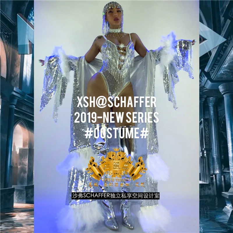 

Ночной клуб GOGO, женское сексуальное серебряное плащ с кисточками, супер вспышка, большой плащ, платье для выступлений, танцевальная команда, женская вечеринка, представление на Хэллоуин