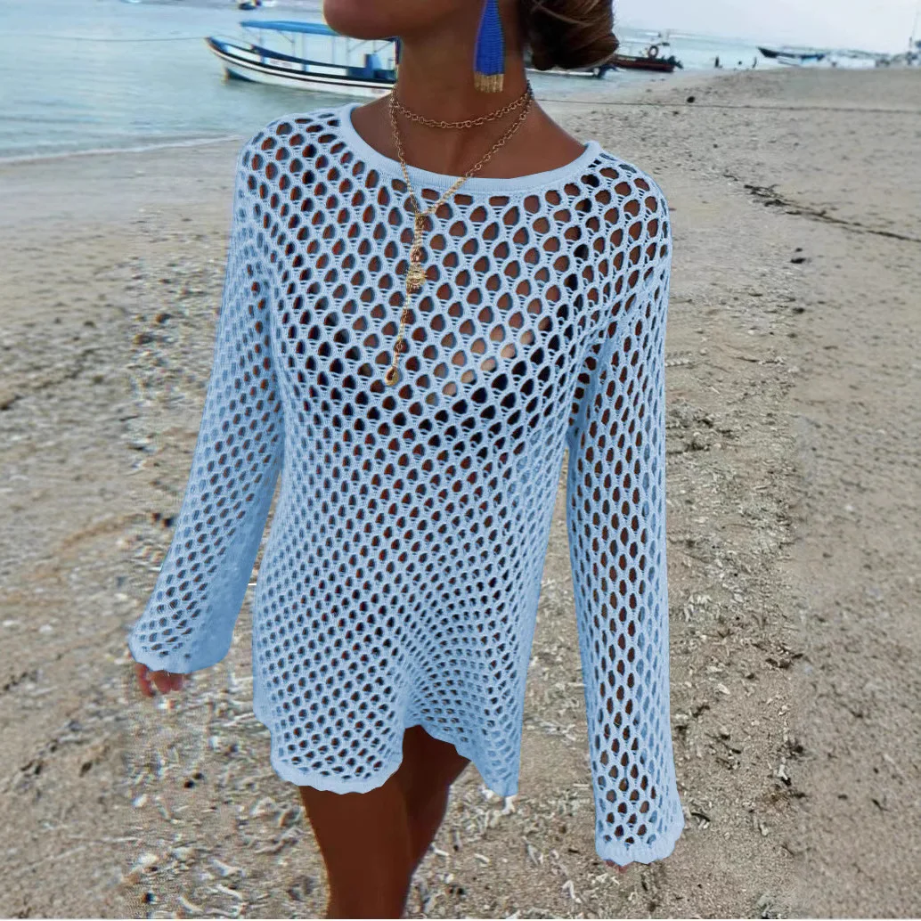 DSMTRC Female Sheer Loose Beach Holiday Mini Dresses Sexy Hollow Out Knit Cover Up Dress Women Summer Splice Knitwear Cover Up
