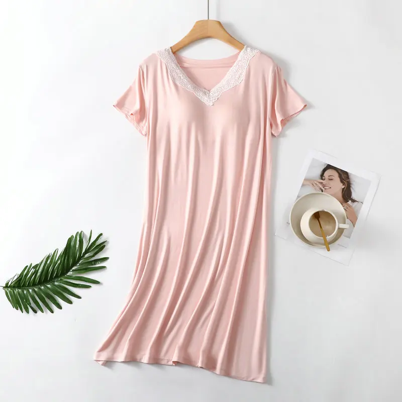 Women Spring Summer Nightdress Modal Short Sleeved Chest Pad Lace Home Wear Dress Large Size Nightgowns Female Night Shirt