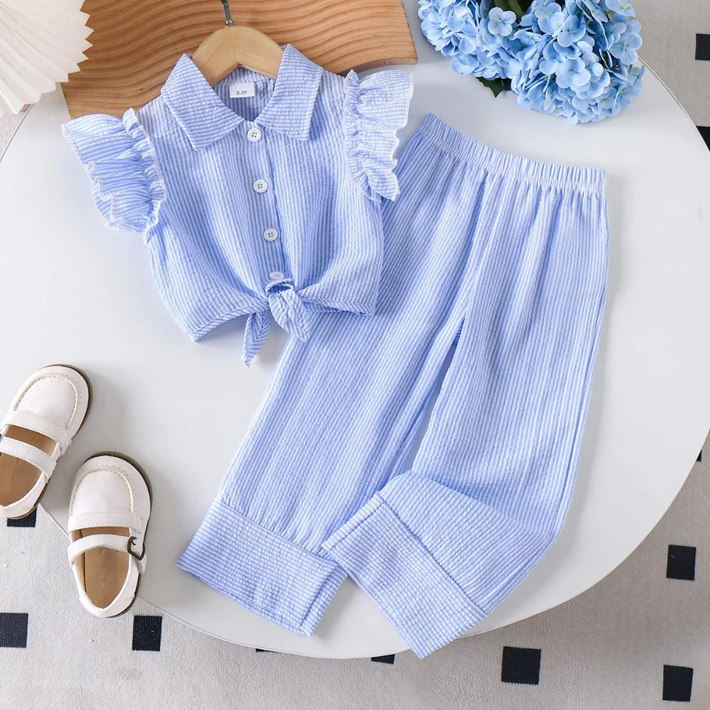 Girls Summer 2Pcs Outfits Blue Striped Flutter Sleeve Tee + Loose Pants EU US Casual Kids Clothes for 2-7Y