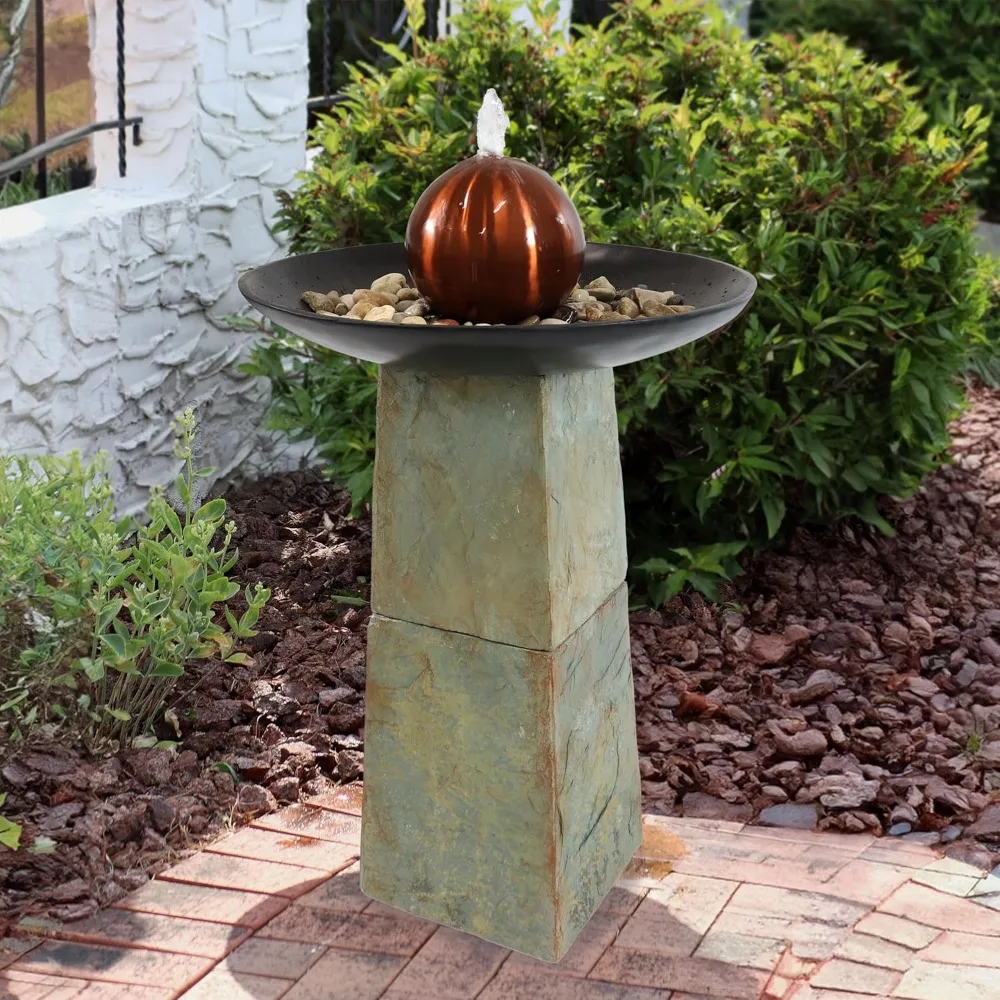 

Freestanding Slate Outdoor Water Fountain, 38-Inch H, Modern Decorative Orb Top