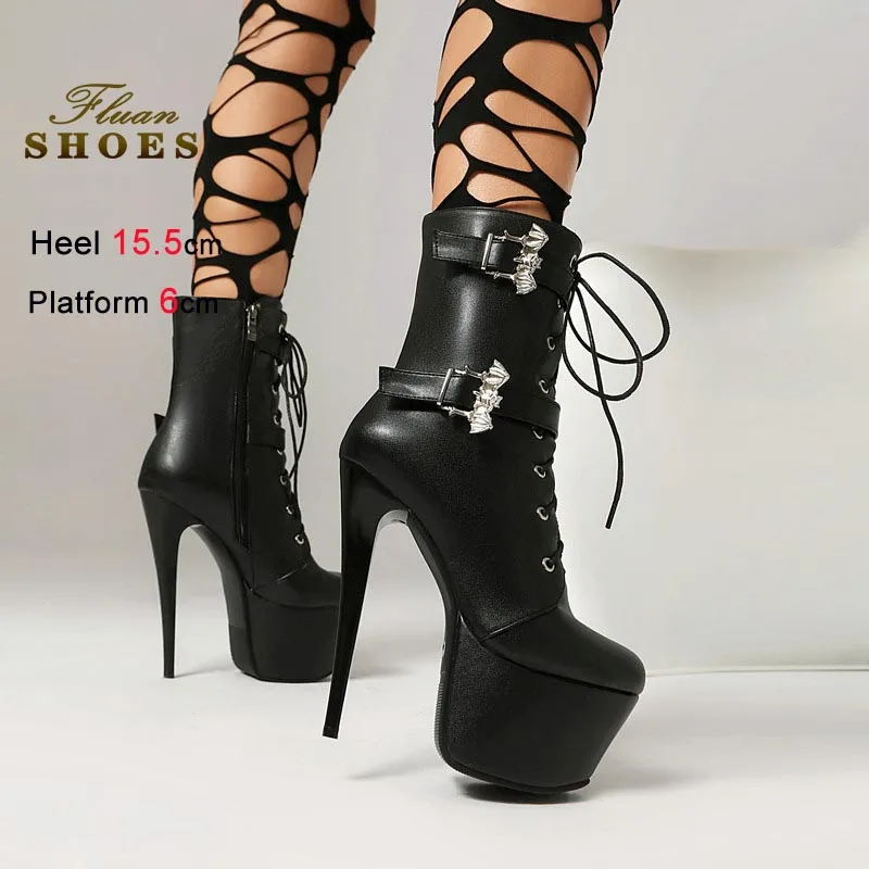 

Fashion Thick Soled Short Boots Women's Sexy Stiletto Leather Buckle Ankle Boots Black Super High Heels Nightclub Lady Shoes CD