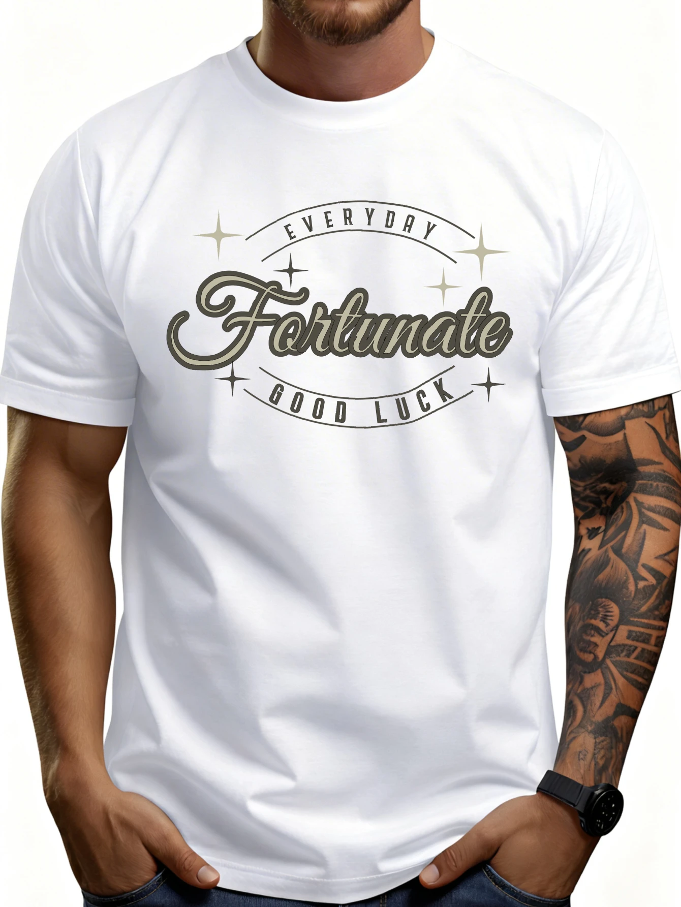 Casual Style Men's T-Shirt with Everyday Good Luck and Fortune Graphic Design, Suitable for Summer Wear, a Gift for Him