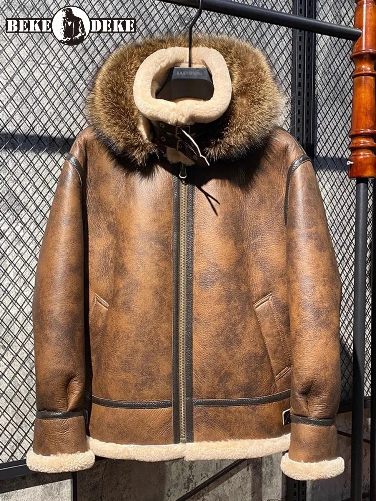 

Зимняя мужская куртка из натуральной овчины из натуральной кожи с капюшоном, толстое теплое пальто с натуральным мехом и шерстяной подкладкой, мотоциклетные пальто