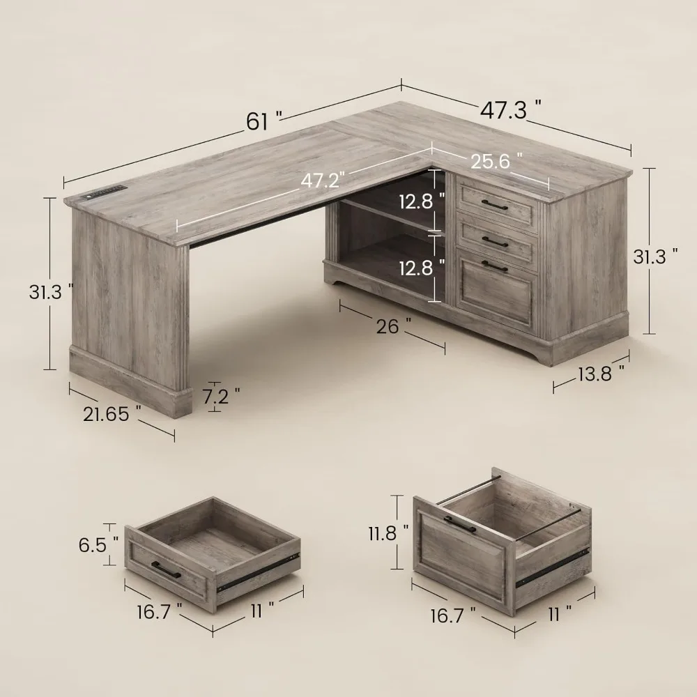 L-Shaped Executive Office Desk with File Storage & Power Outlets 2